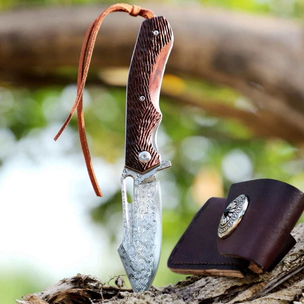 Damascus Steel Pocket Knife with Leather Case O5739