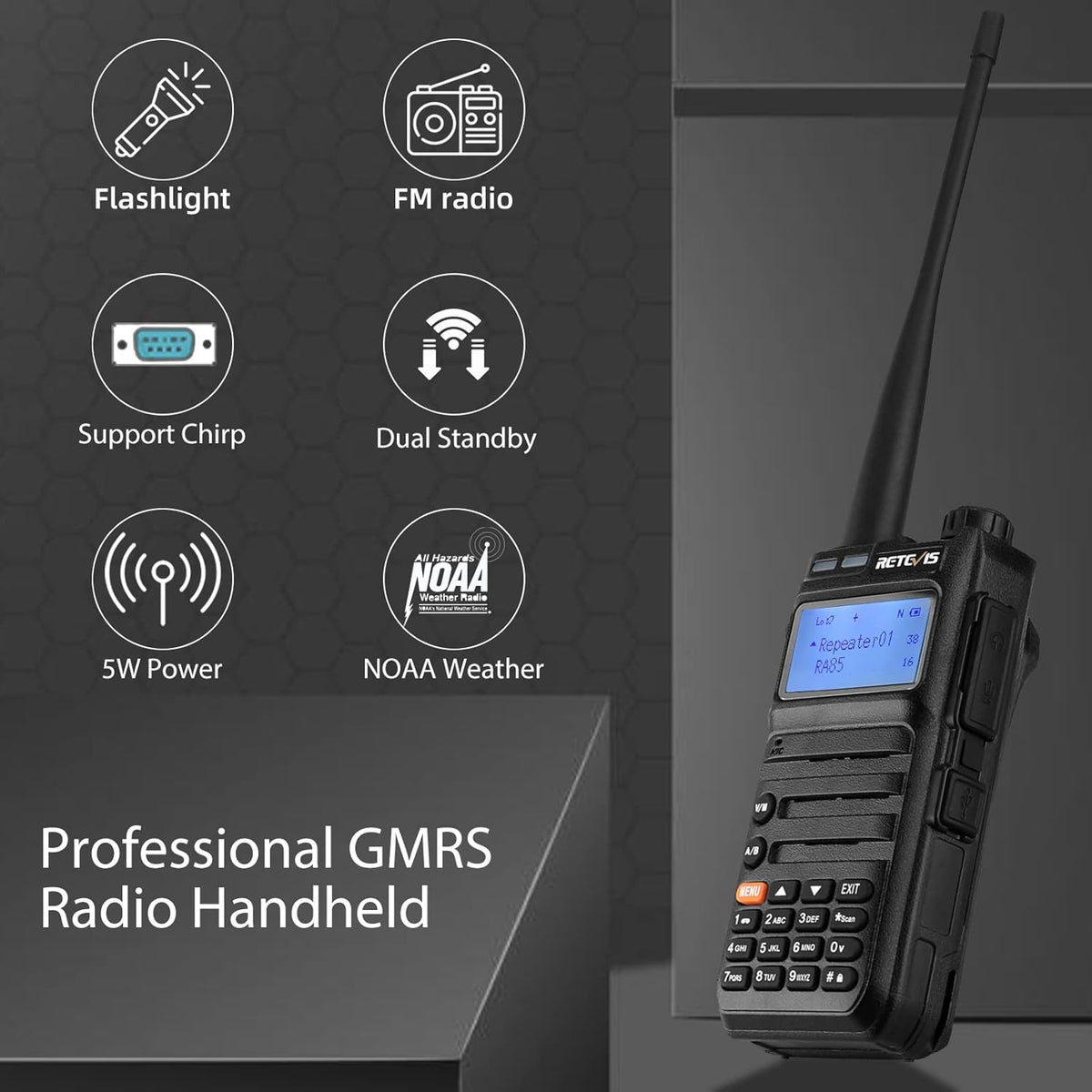 5W GMRS Radio Handheld Two Way Radio Walkie Talkies with Speak Mic, NOAA, USB-C (2 Pack) B8023