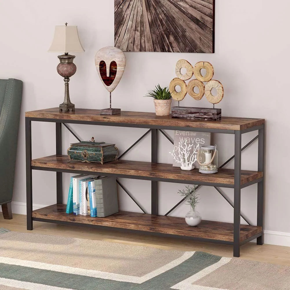 Rustic Industrial 55 Inch Sofa Table with Shelves V1535
