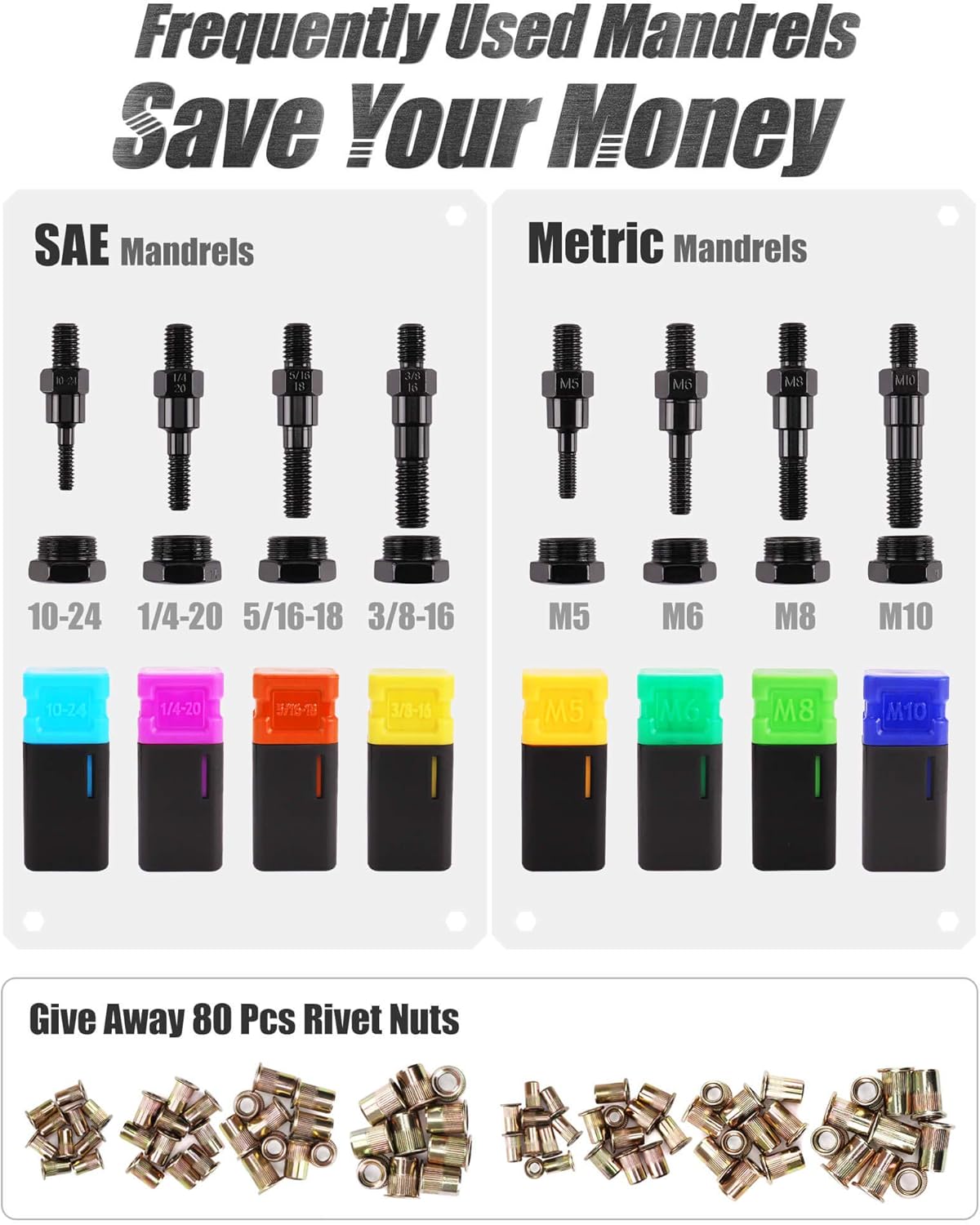 Rivet Nut Tool Set with 8 Mandrels and 80 Rivet Nuts U9317