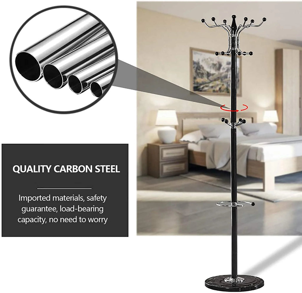 Black Metal Coat Tree with 16 Hooks and Marble Base O950071