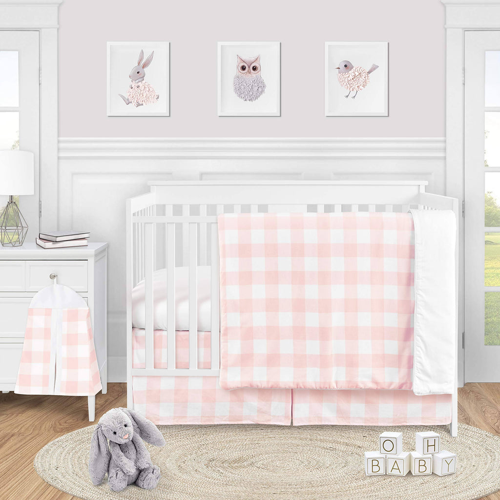 Pink Buffalo Plaid Check Baby Girl Nursery Crib Bedding Set - 4 Pieces - Blush and White S925
