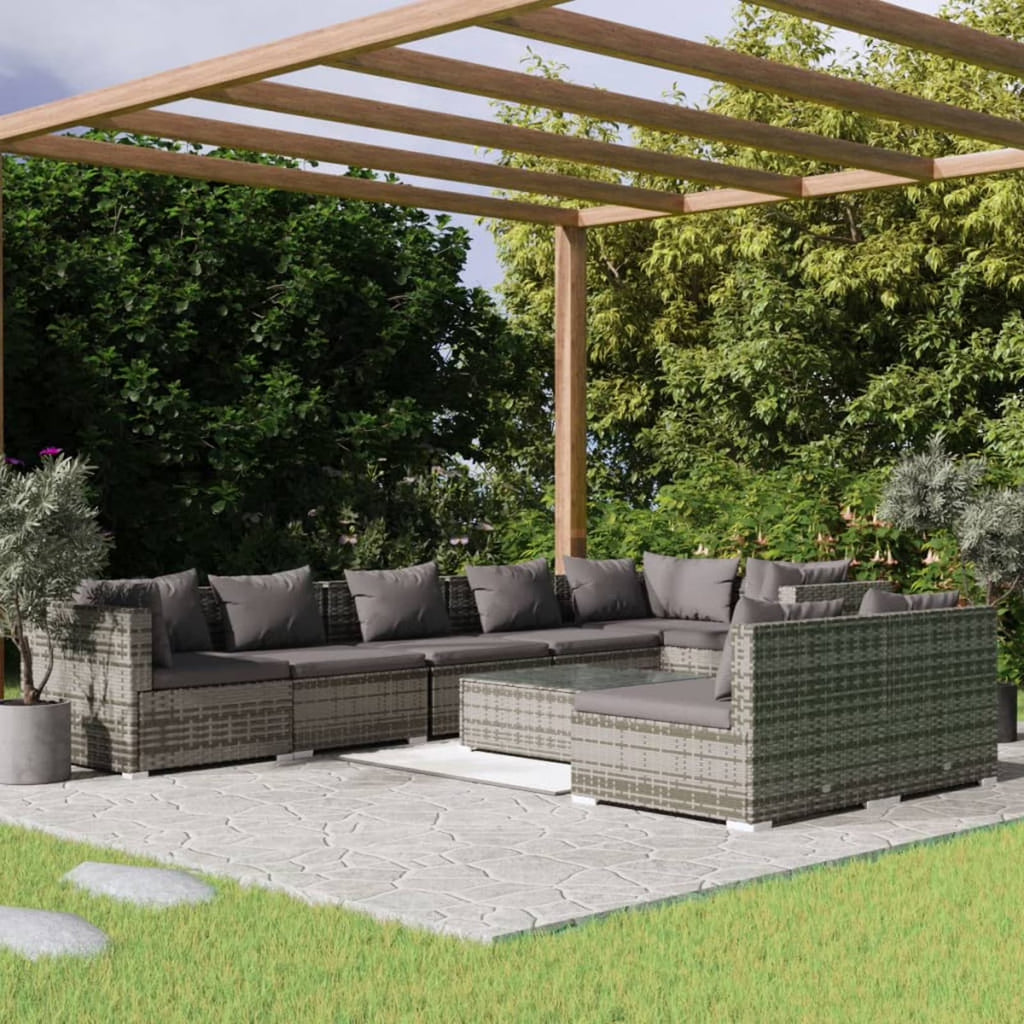 9 Piece Poly Rattan Outdoor Sectional Sofa Set with Anthracite Cushions Steel Frame F534