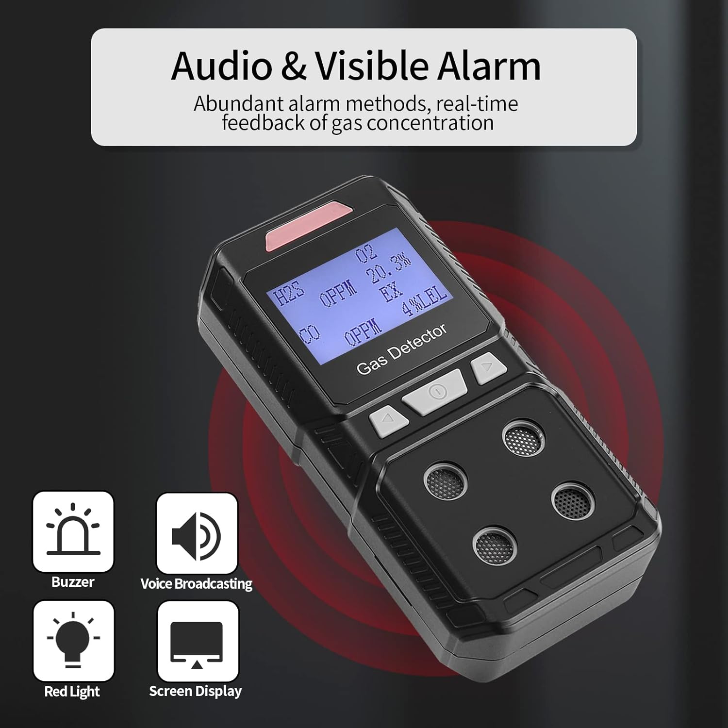 Portable 4 Gas Detector, Rechargeable Multi Gas Monitor, EX O2 H2S CO 4 in 1 Gas Meter H4633