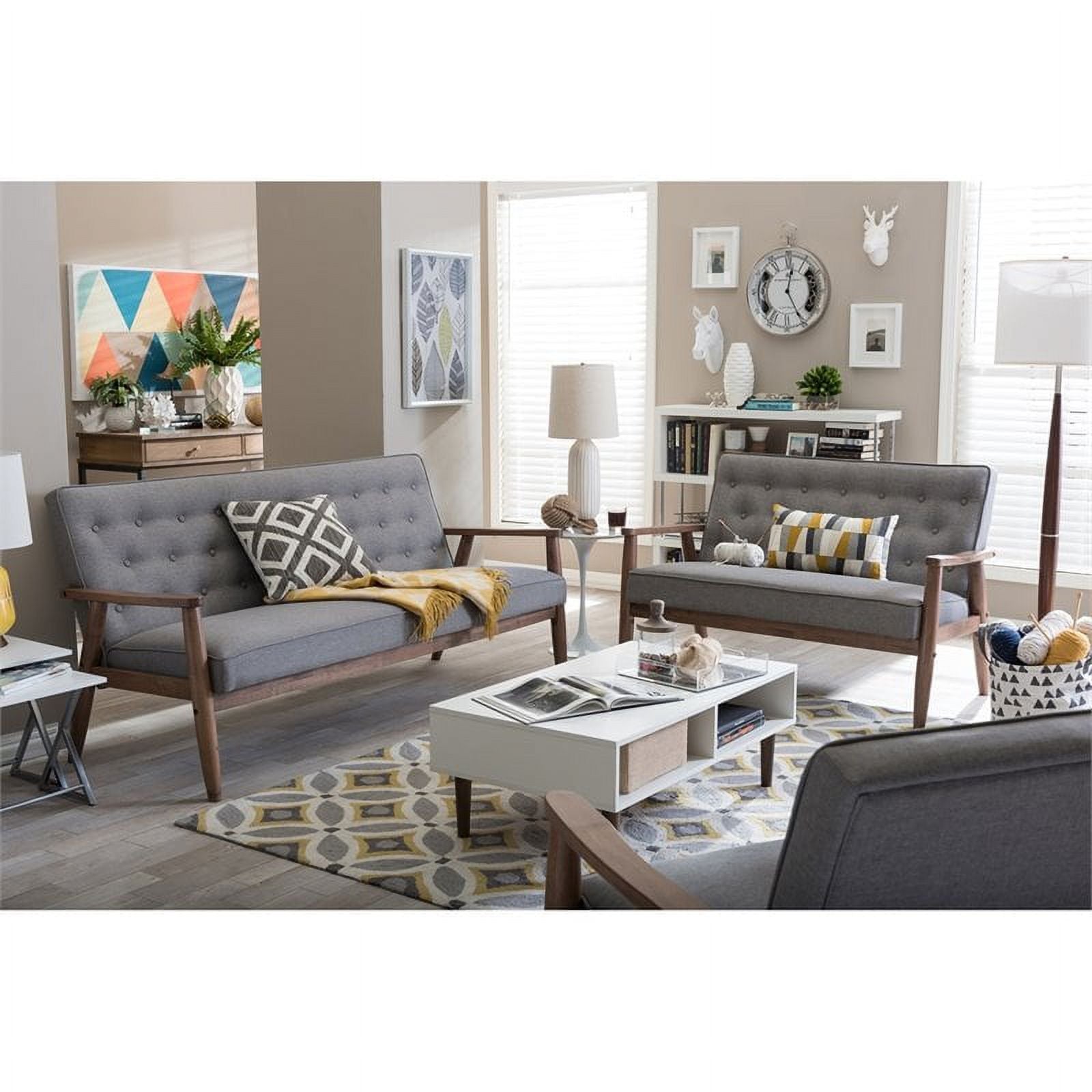 Faux Leather Tufted Loveseat in Gray and Walnut G2875