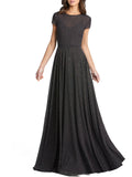 Patterned Short Sleeve A-Line Gown with Sweep Train P823648