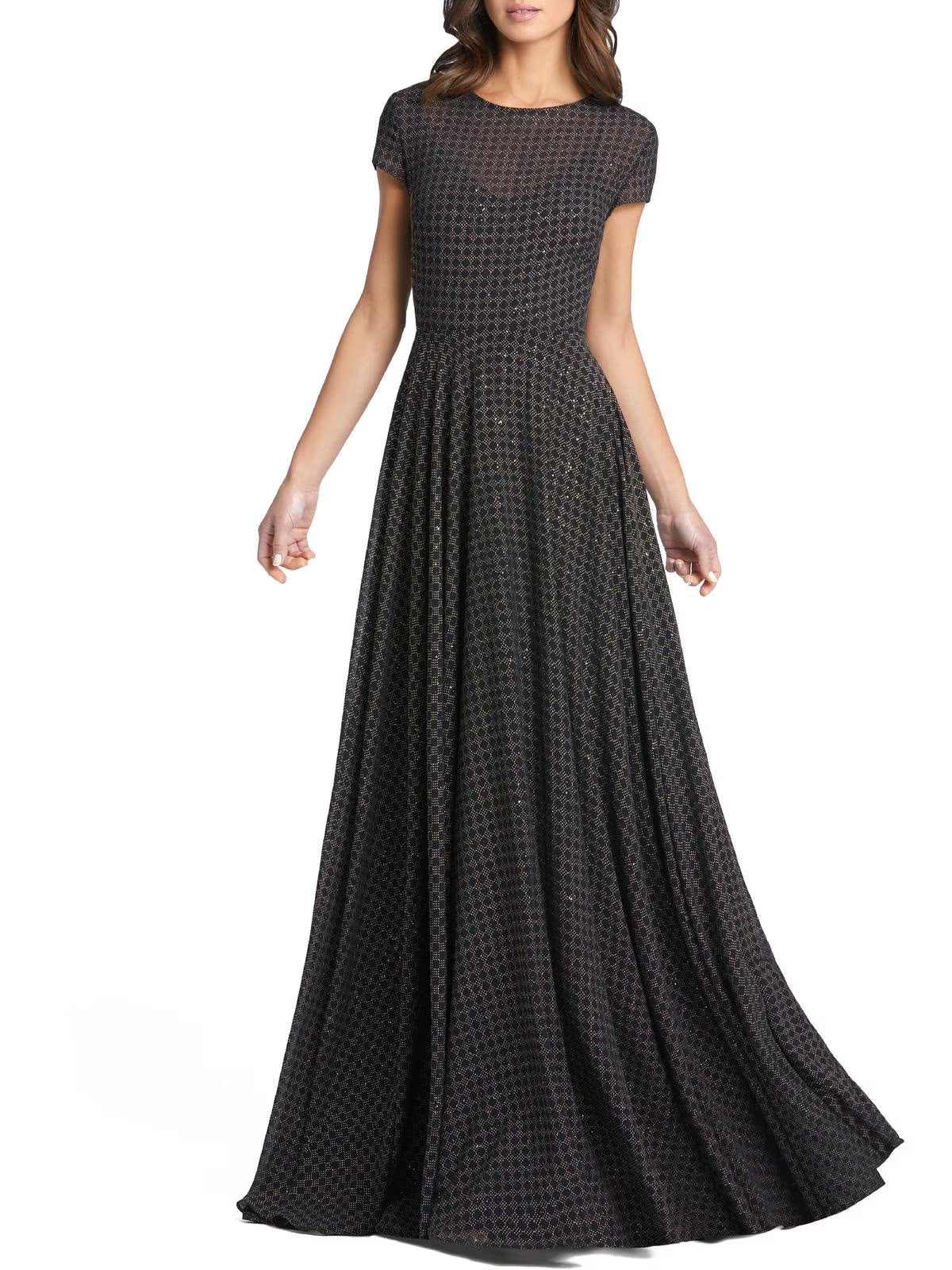 Patterned Short Sleeve A-Line Gown with Sweep Train P823648