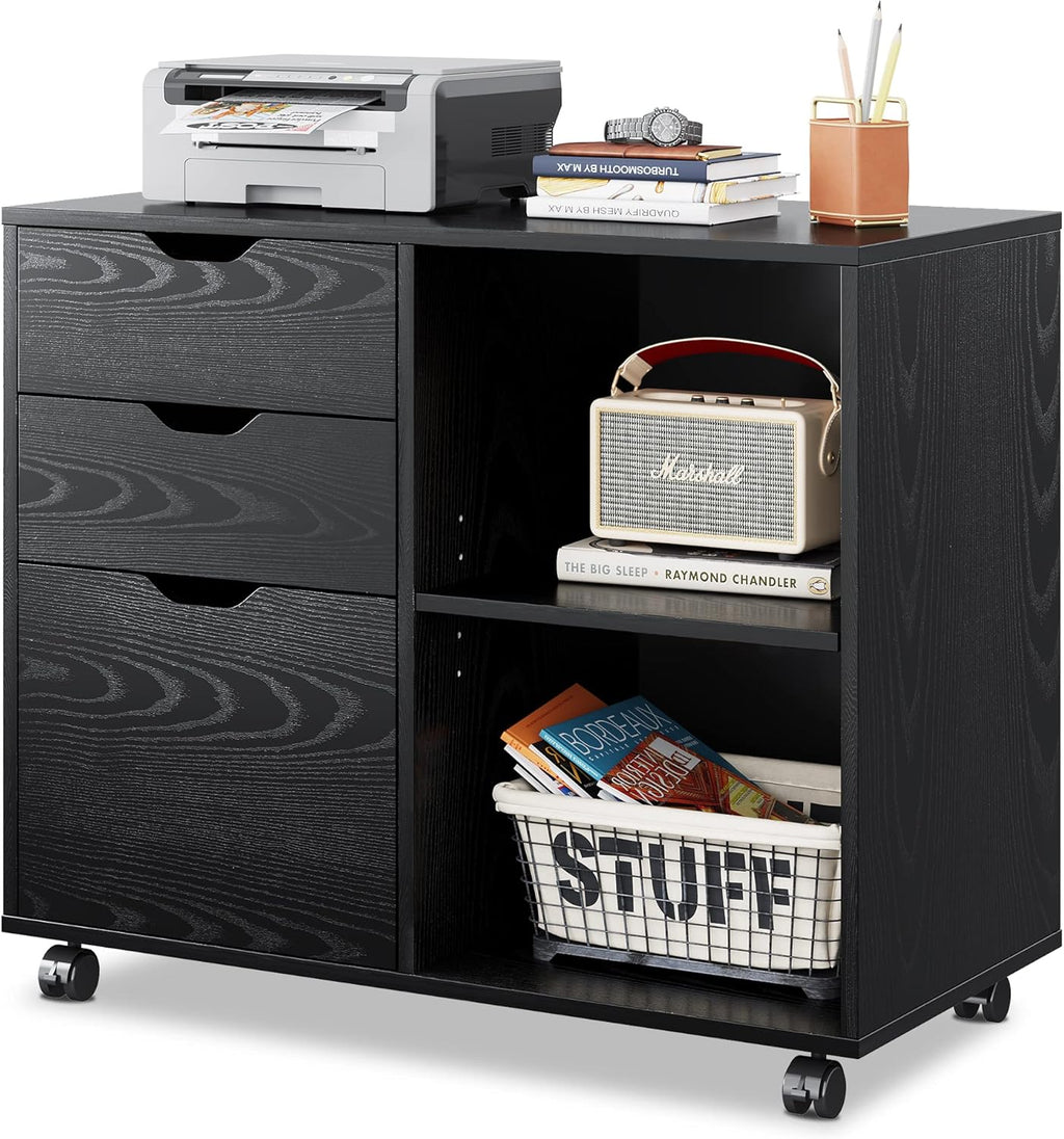3-Drawer Wood File Cabinet with Open Storage Shelves, Rustic Brown B78862