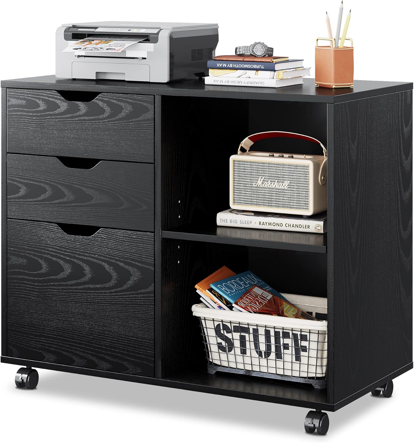 3-Drawer Wood File Cabinet with Open Storage Shelves, Rustic Brown B78862