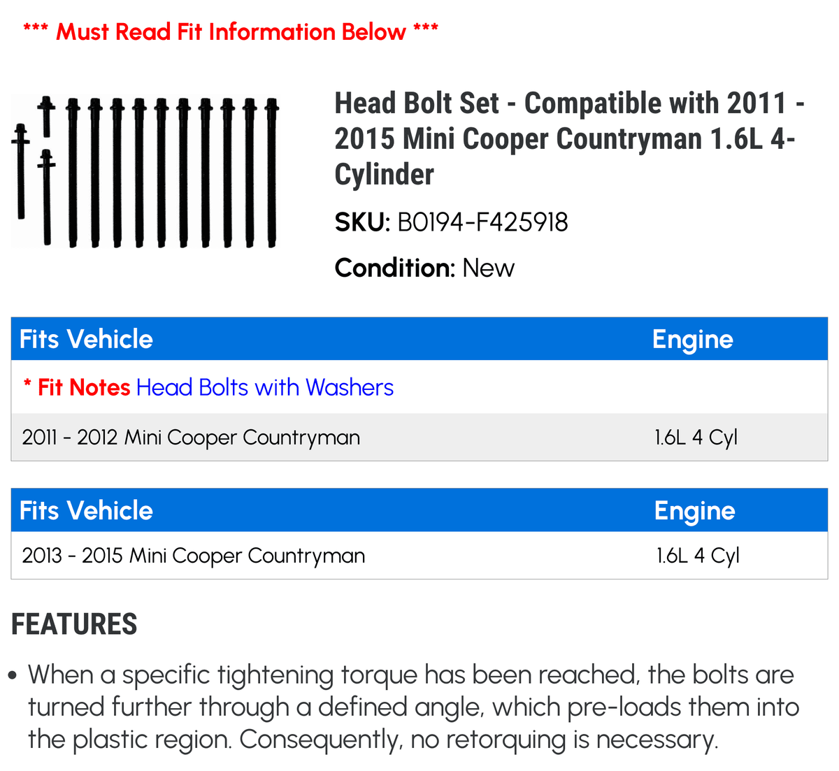Head Bolt Set for 2011-2015 Mini Cooper Countryman 1.6L 4-Cylinder F737883