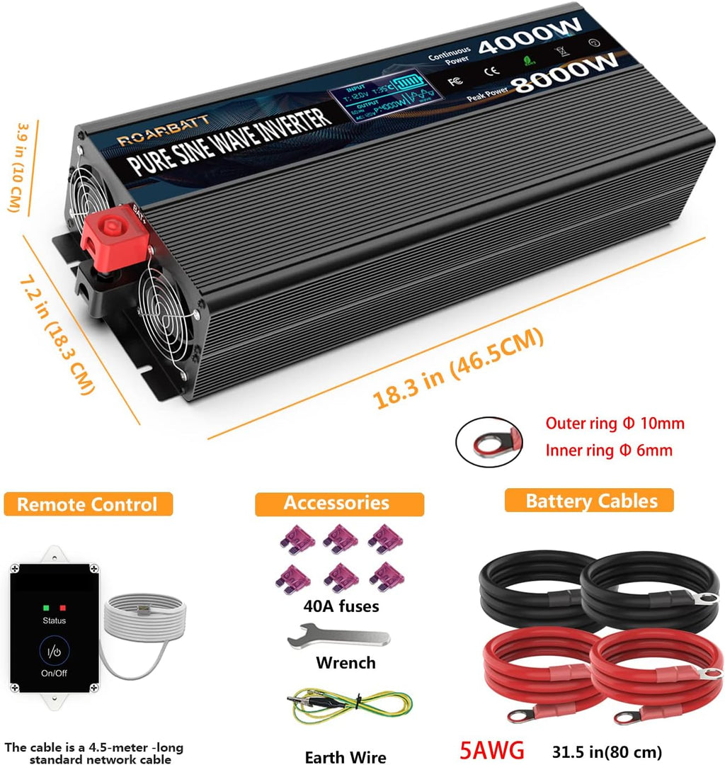 4000Watt 12V DC to AC 110V 120V Peak Power 8000Watt Power Inverter with Remote Control 4 AC Outlets and Dual USB Port K489228