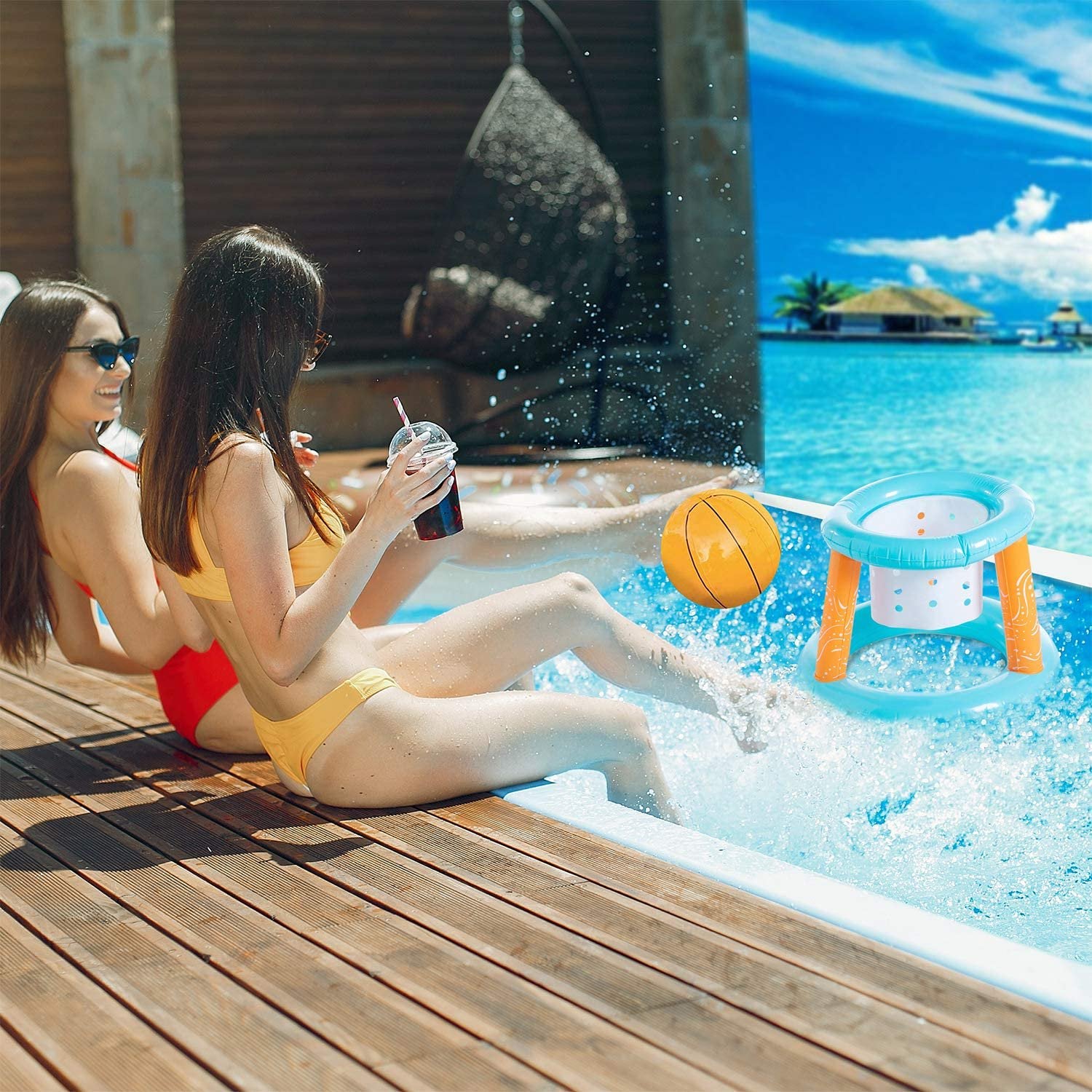 Inflatable Pool Float Set with Volleyball Game and Basketball Hoops with 2 Balls I784