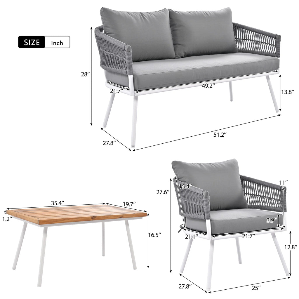 4-Piece Grey Outdoor Patio Furniture Set with Acacia Wood Coffee Table N438