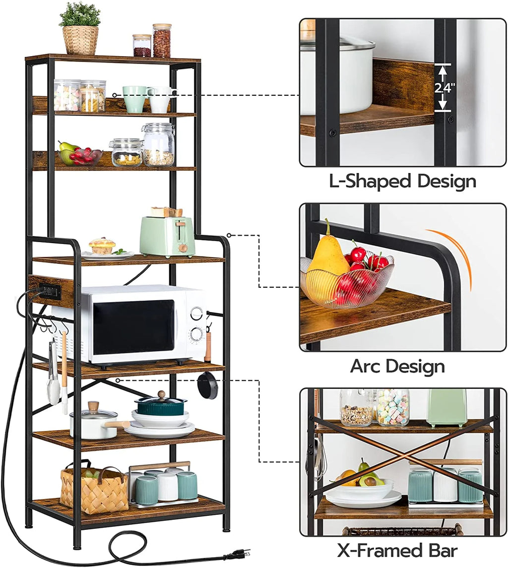 Rustic Brown 7-Tier Kitchen Storage Shelf Rack with Power Outlet X9843