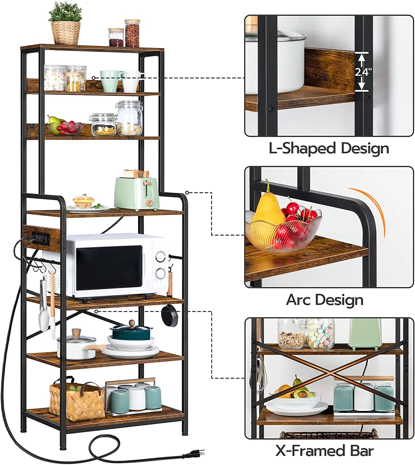 Rustic Brown 7-Tier Kitchen Storage Shelf Rack with Power Outlet X9843