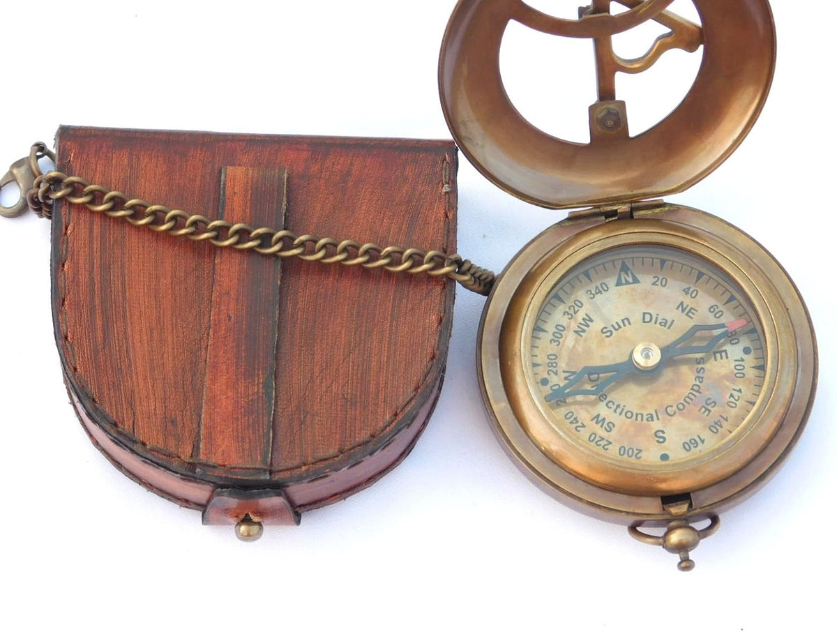 Brass Sundial Compass with Leather Case and Chain X6406