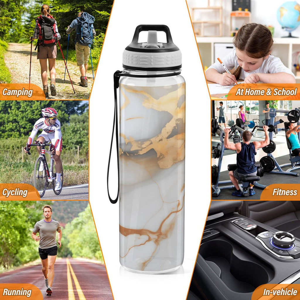 White and Gold Marble 32oz Tritan Water Bottles with Straw T302