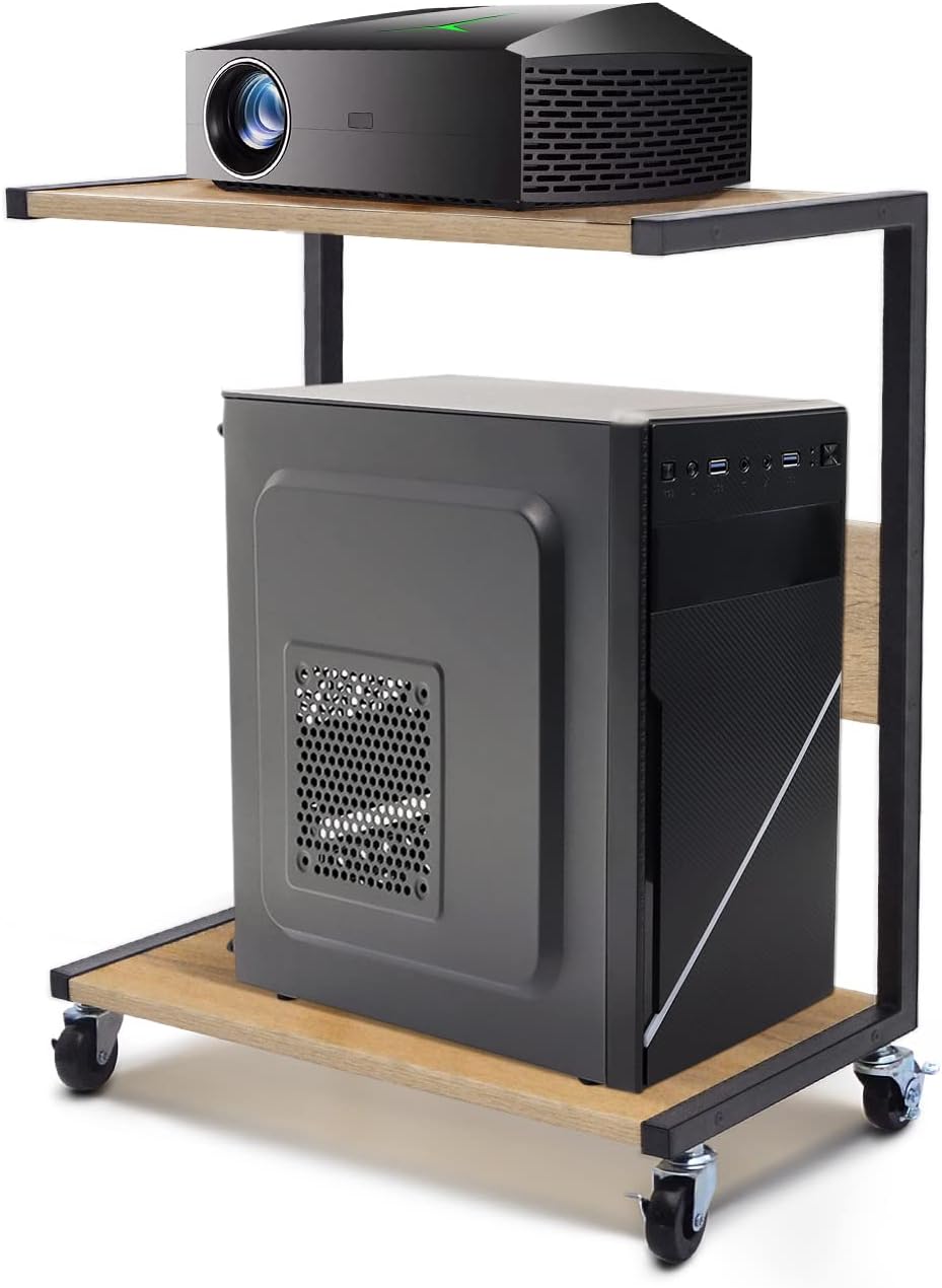 Oak Color C-Shaped Computer Tower Stand with 4 Lockable Wheels P709529