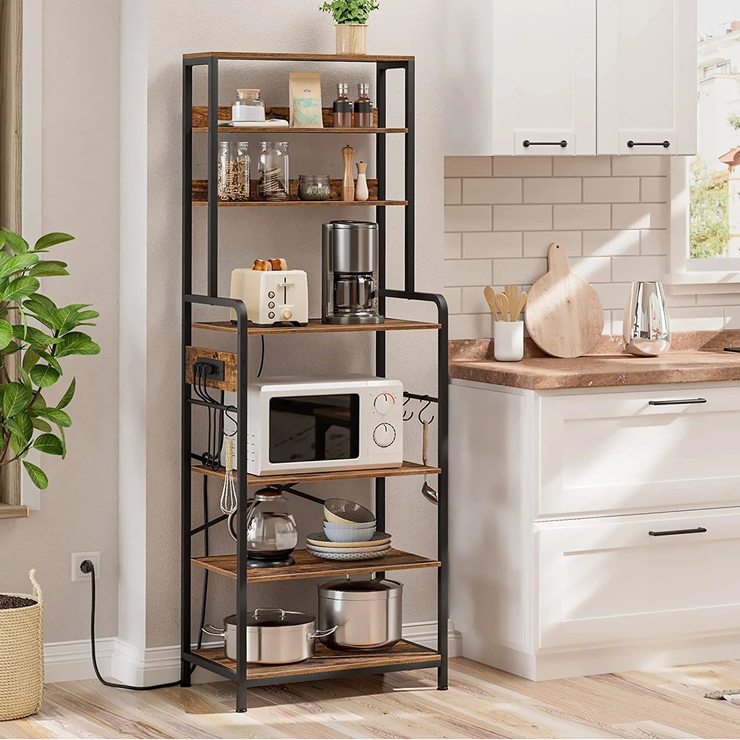 Rustic Brown 7-Tier Kitchen Storage Shelf Rack with Power Outlet X9843