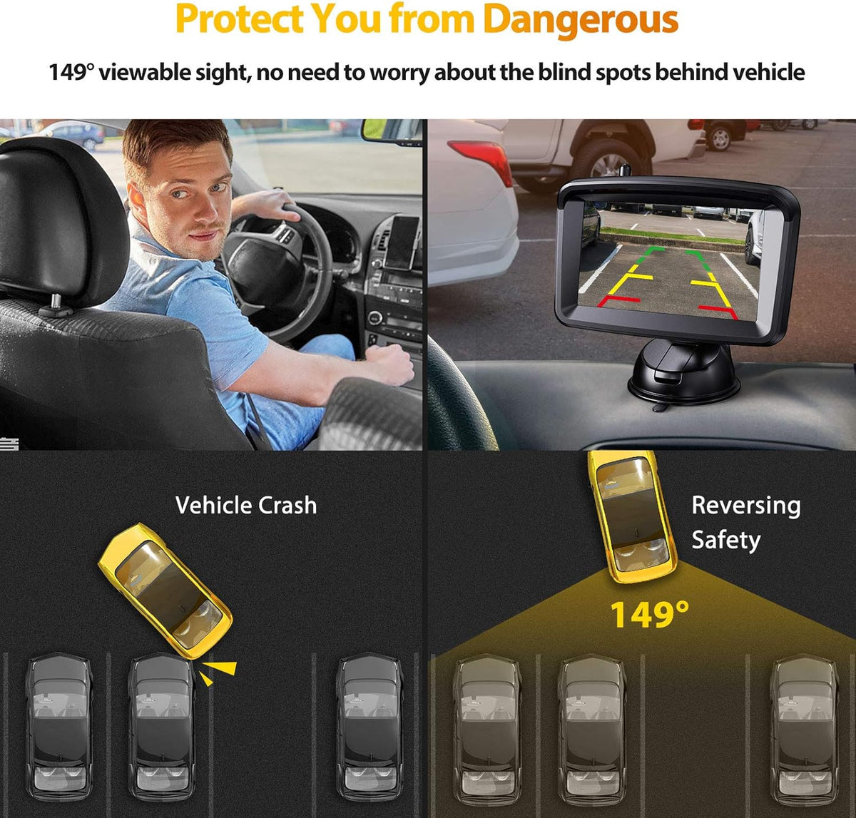 5 Monitor with 1080P Backup Camera for Truck, License Plate 149° Rear View Kits, IP69 Waterproof, Wired Pack of 2 E577
