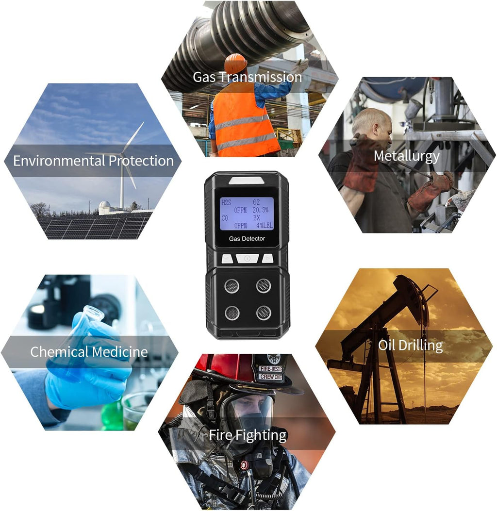 Portable 4 Gas Detector, Rechargeable Multi Gas Monitor, EX O2 H2S CO 4 in 1 Gas Meter H4633