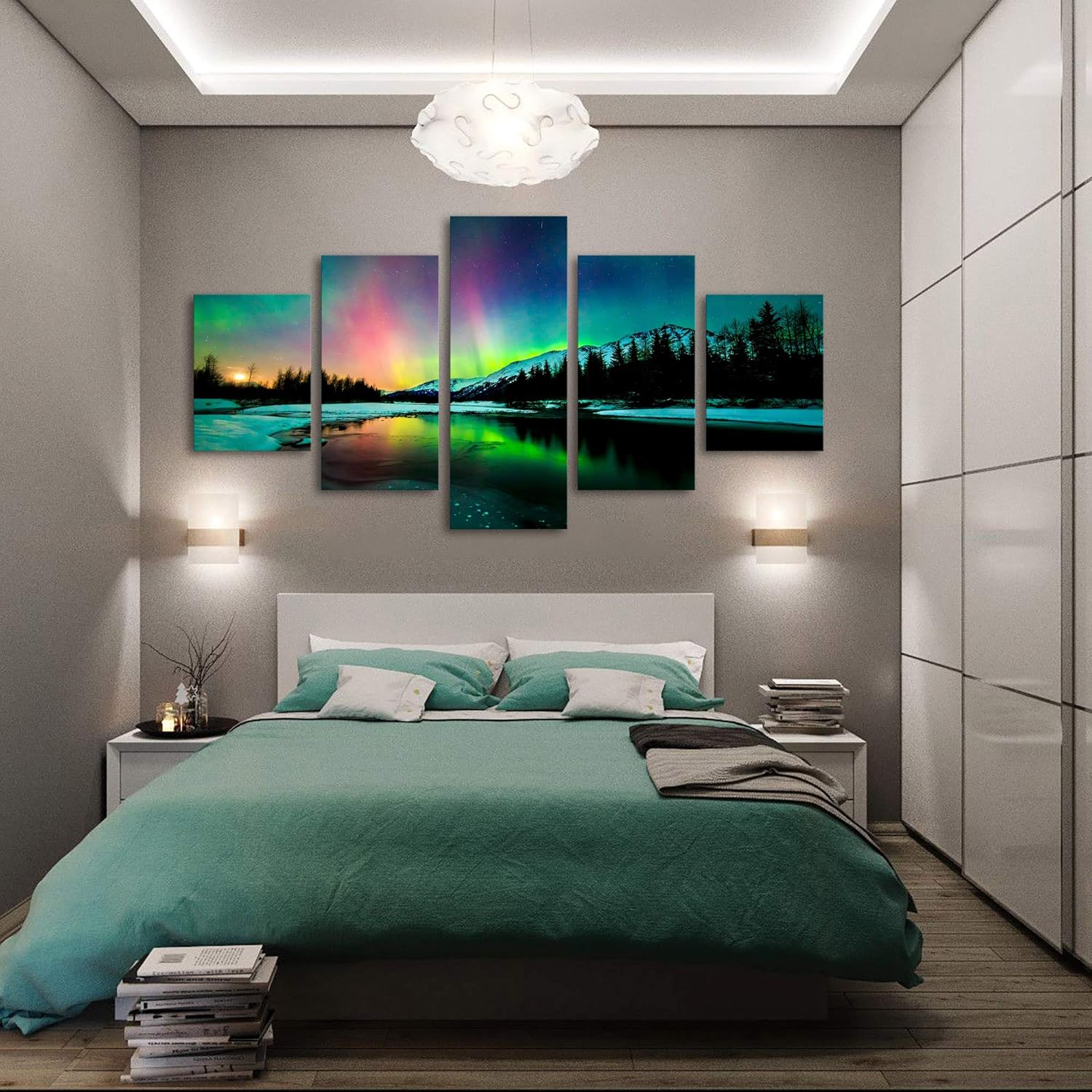 5 Pieces Green Aurora Borealis Scenery Canvas Prints Ready to Hang F1926