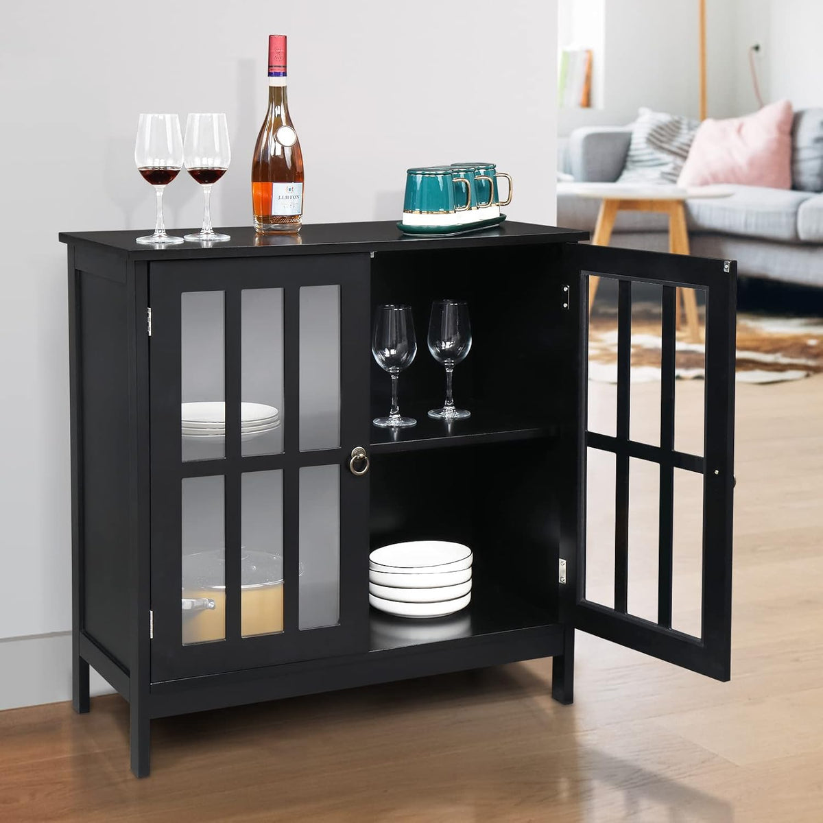 White Small Buffet Sideboard with Double Glass Doors V209
