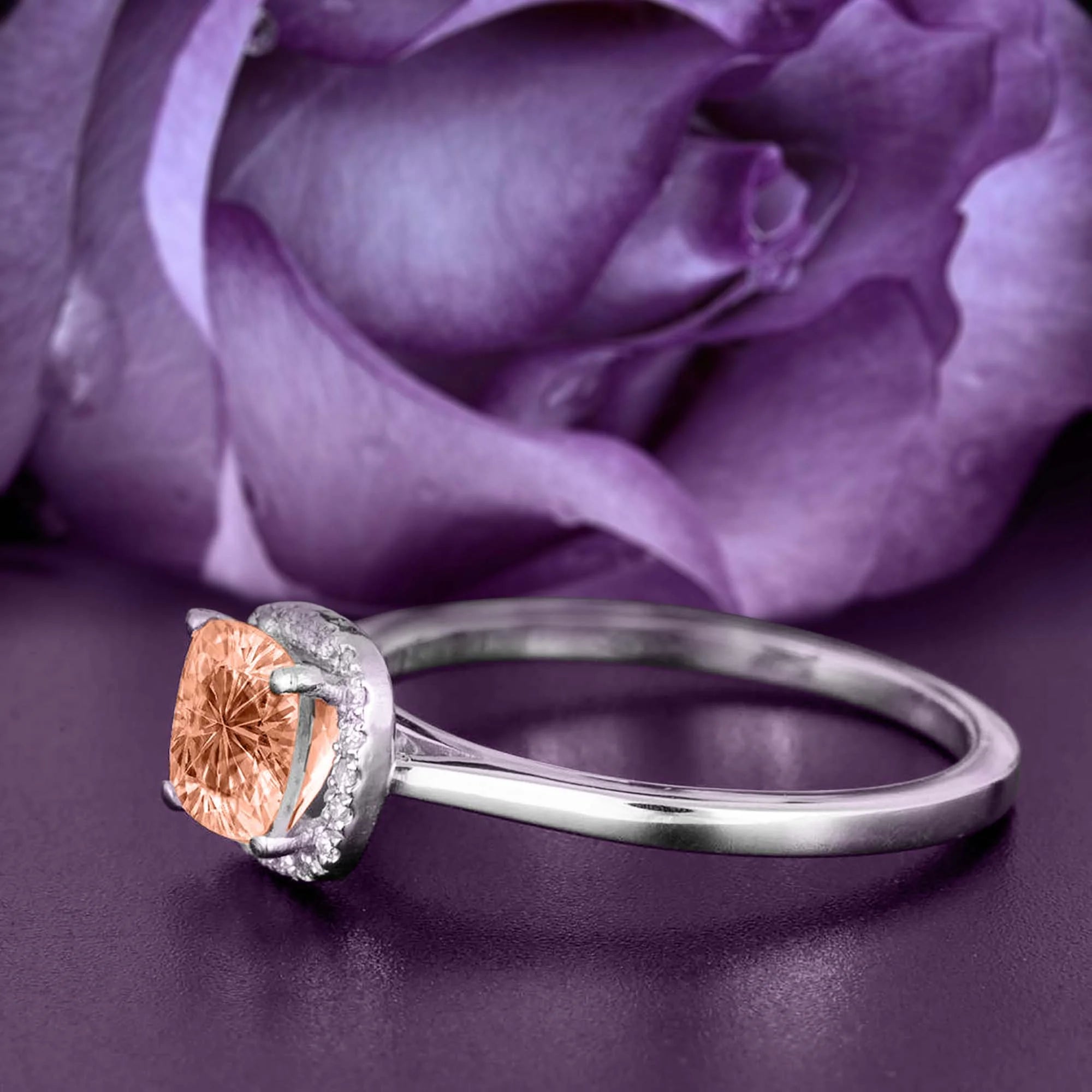 1.55 Carat Cushion Cut Morganite And Diamond Moissanite Engagement Ring in 10k Solid White Gold O3313
