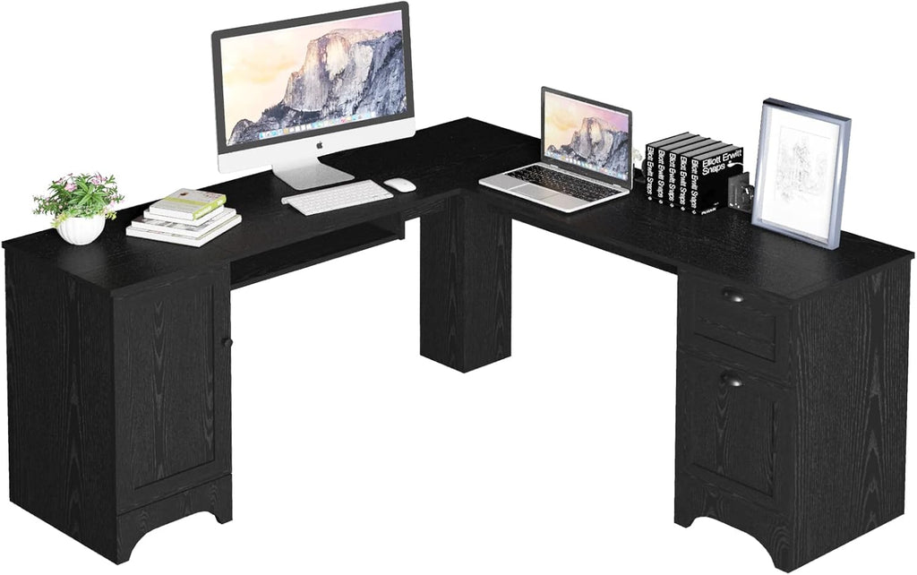 L Shaped Corner Computer Desk with Storage Drawers & Cabinet H2639