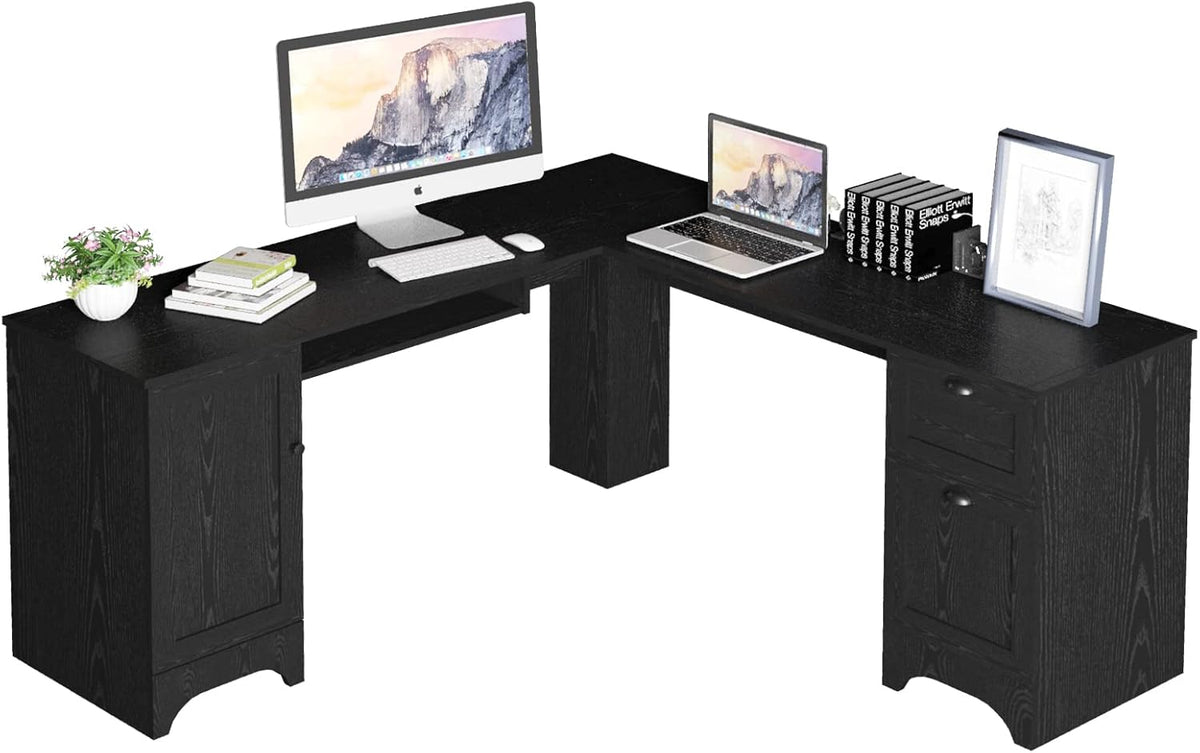 L Shaped Corner Computer Desk with Storage Drawers & Cabinet H2639