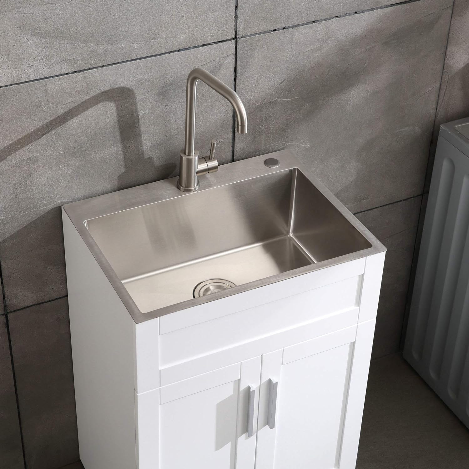 White Laundry Utility Cabinet with Stainless Steel Sink and Faucet M3671