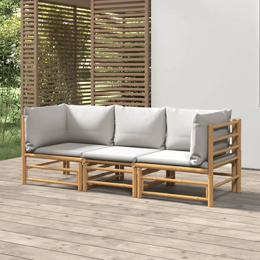 3 Piece Patio Set with Gray Cushions Bamboo S43815