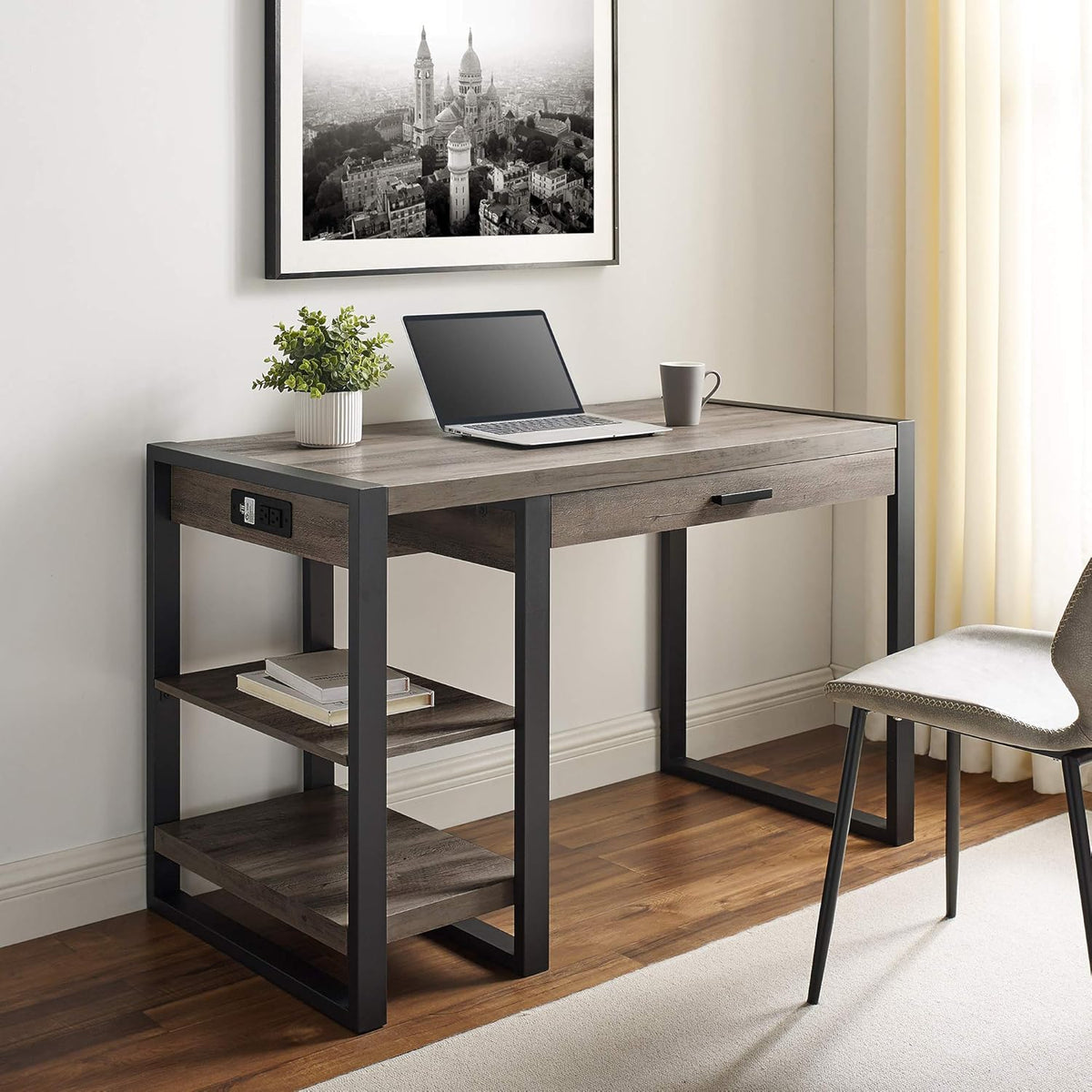 48 Inch Grey Wash Computer Desk with Drawer and Electrical Outlet U85886
