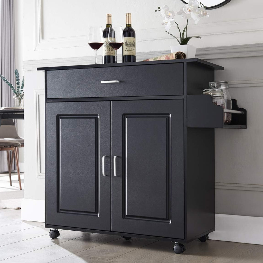 Black Wood Top Kitchen Cart with Storage and Drawers Y8150