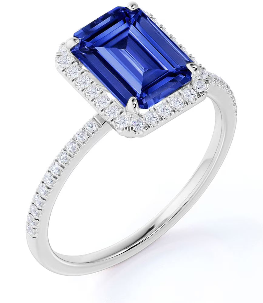 18k White Gold over Silver Emerald Cut Synthetic Sapphire Engagement Ring L302181