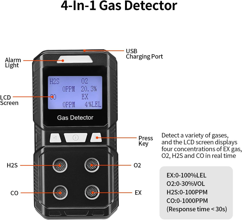 Portable 4 Gas Detector, Rechargeable Multi Gas Monitor, EX O2 H2S CO 4 in 1 Gas Meter H4633