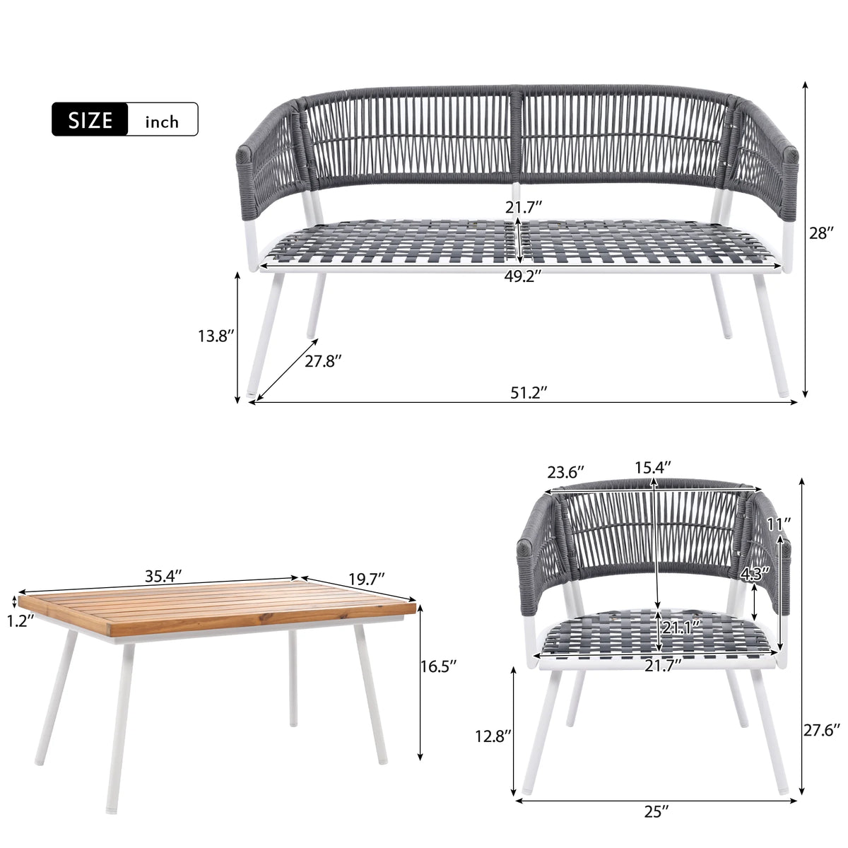 4-Piece Grey Outdoor Patio Furniture Set with Acacia Wood Coffee Table N438