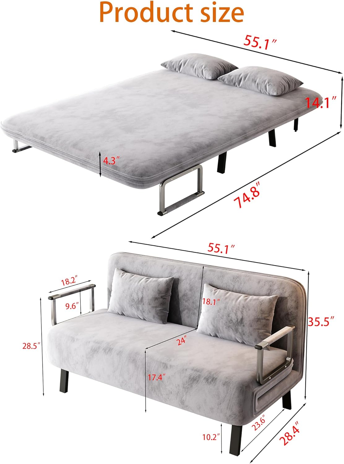 Folding Chair Bed Convertible Sleeper Sofa with Adjustable Backrest and Pillow F6702