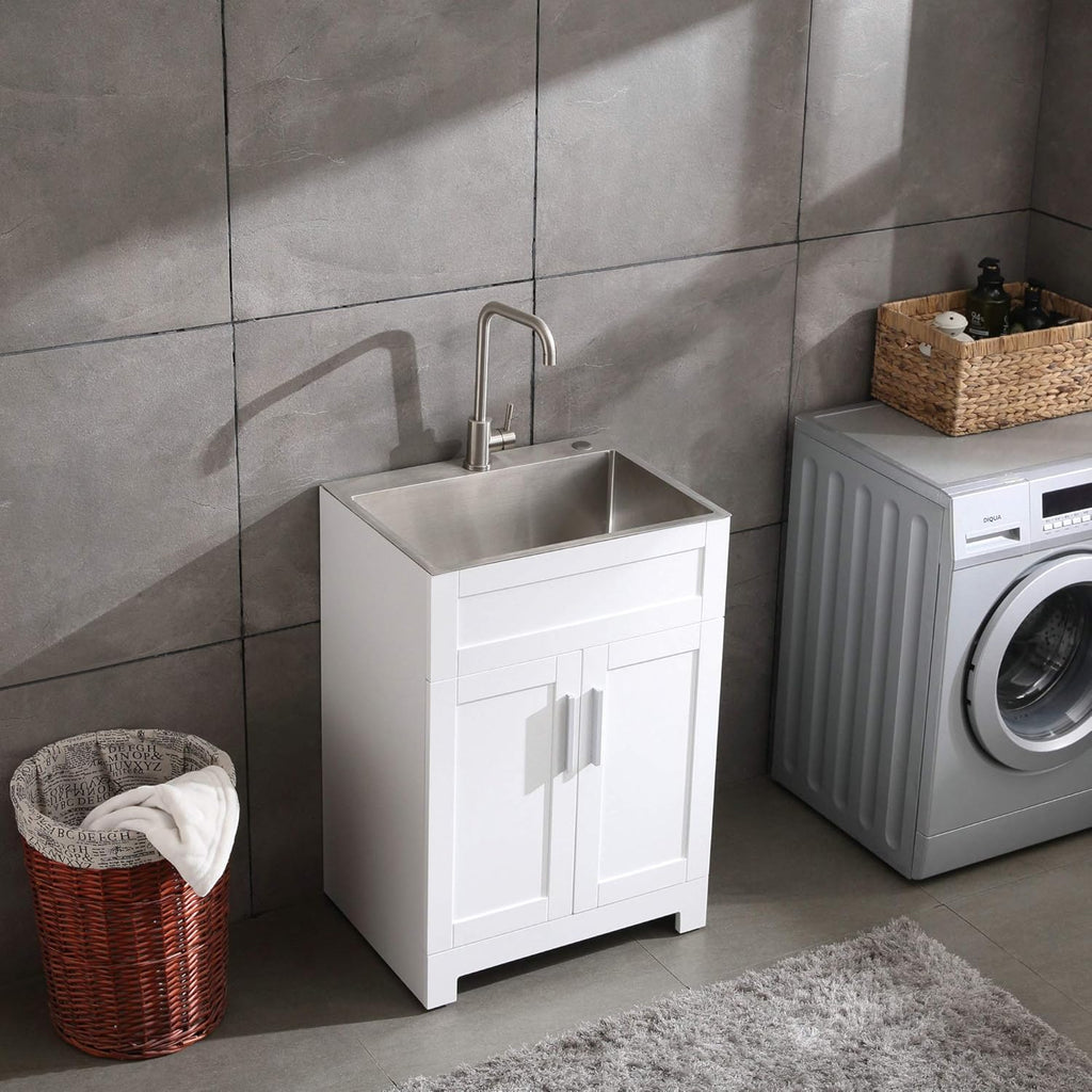 White Laundry Utility Cabinet with Stainless Steel Sink and Faucet M3671