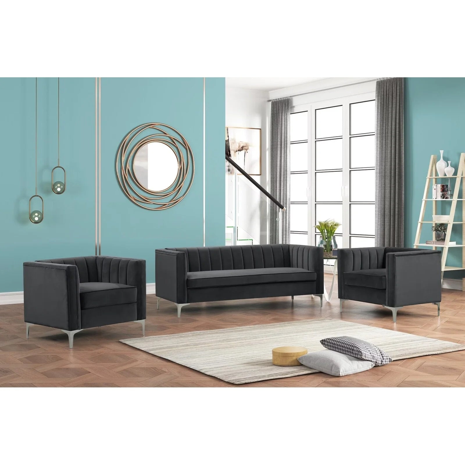 3 Pieces Fabric Dutch Velvet Blue Couch and Sofa Set F458637