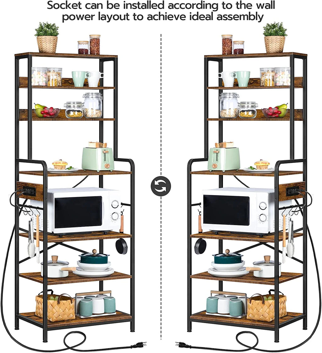 Rustic Brown 7-Tier Kitchen Storage Shelf Rack with Power Outlet X9843