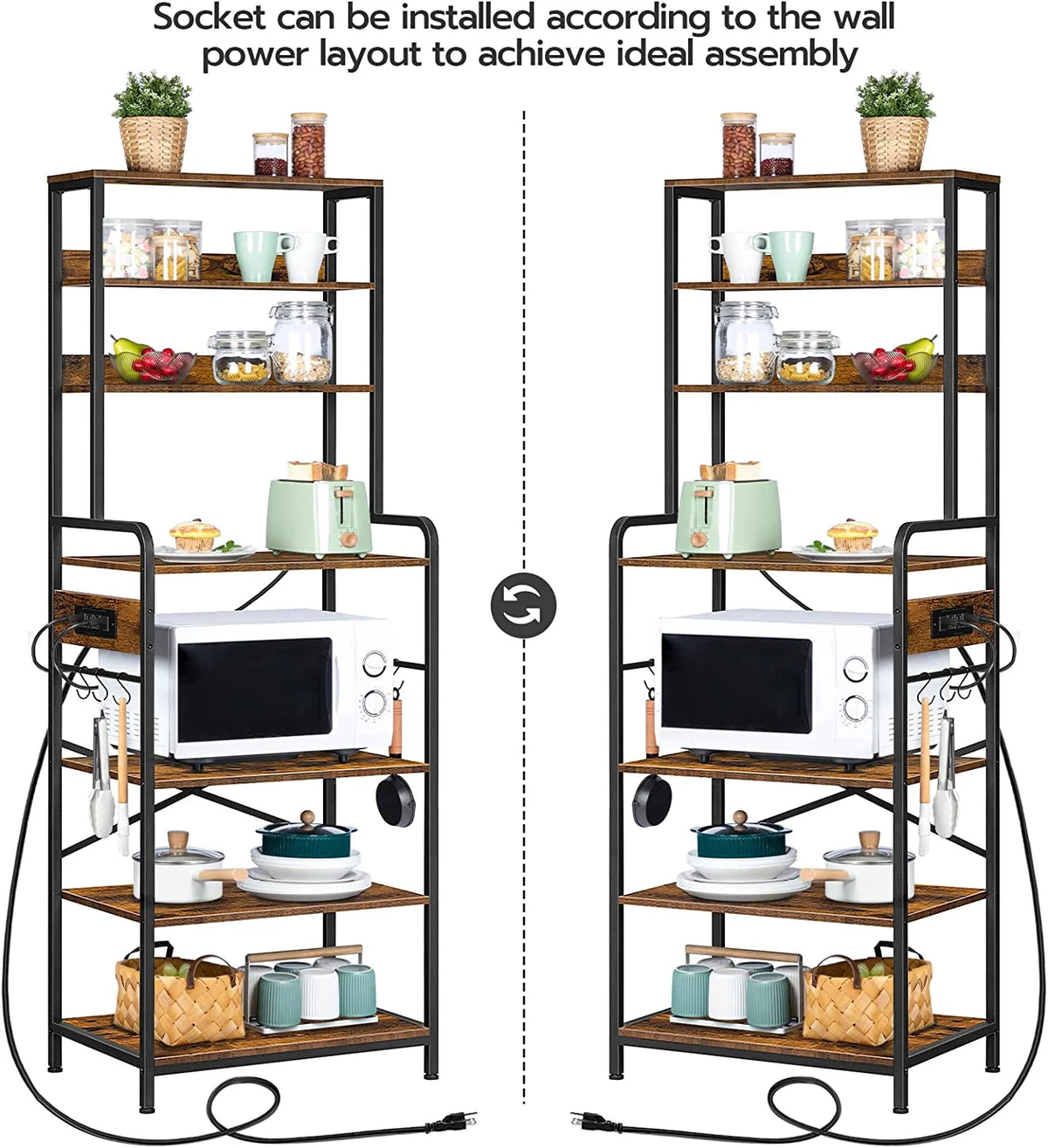 Rustic Brown 7-Tier Kitchen Storage Shelf Rack with Power Outlet X9843