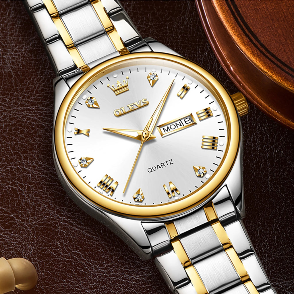 Stainless Steel Analog Quartz Waterproof Luminous Day-Date Wristwatch V403