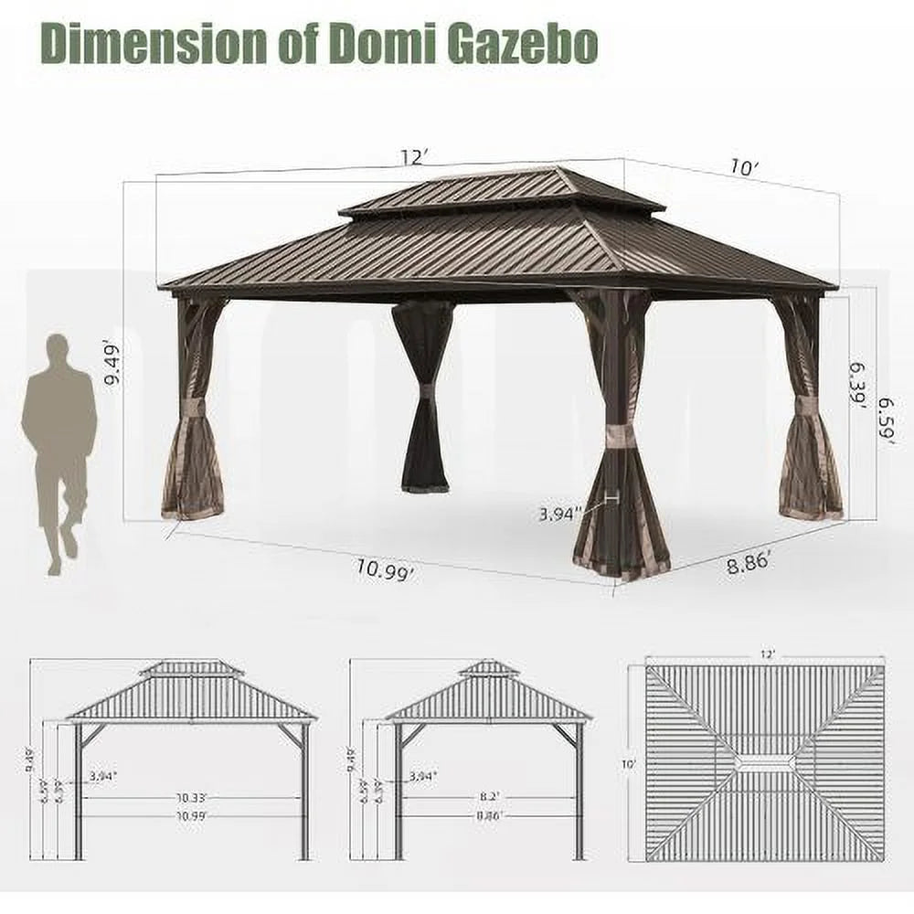 10' X 12' Hardtop Aluminum Gazebo with Galvanized Steel Double Roof Canopy, Curtain and Netting Z620568