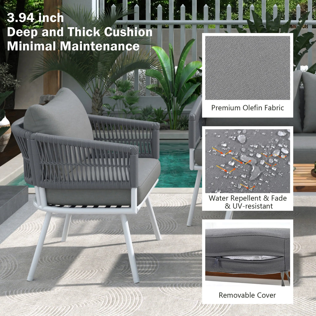 4-Piece Grey Outdoor Patio Furniture Set with Acacia Wood Coffee Table N438