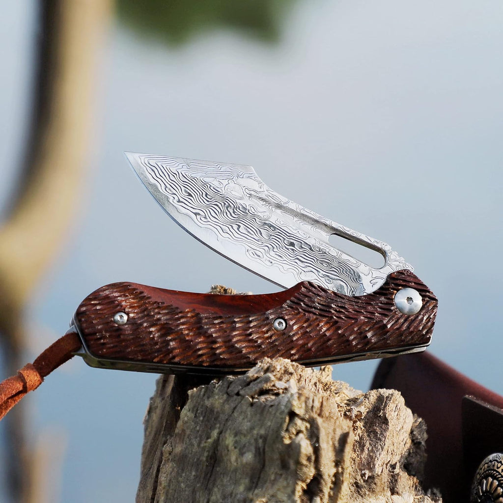 Damascus Steel Pocket Knife with Leather Case O5739