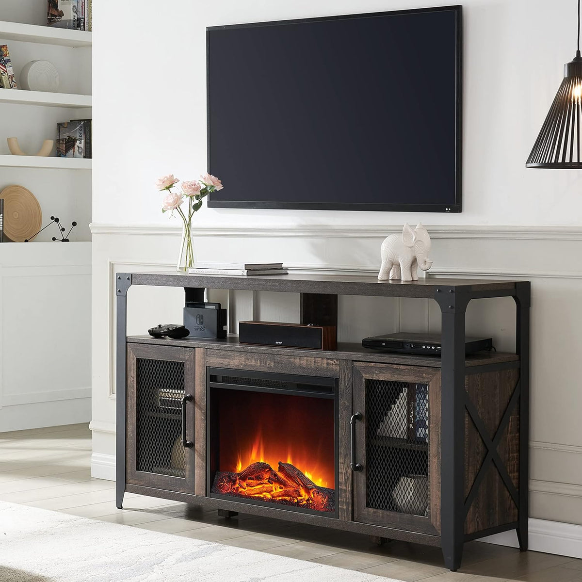 TV Stand with Sturdy Metal Side X-Frame, Dark Rustic Oak Q86178