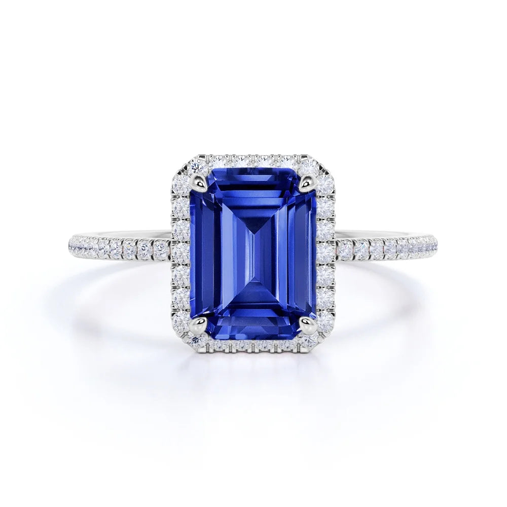 18k White Gold over Silver Emerald Cut Synthetic Sapphire Engagement Ring L302181