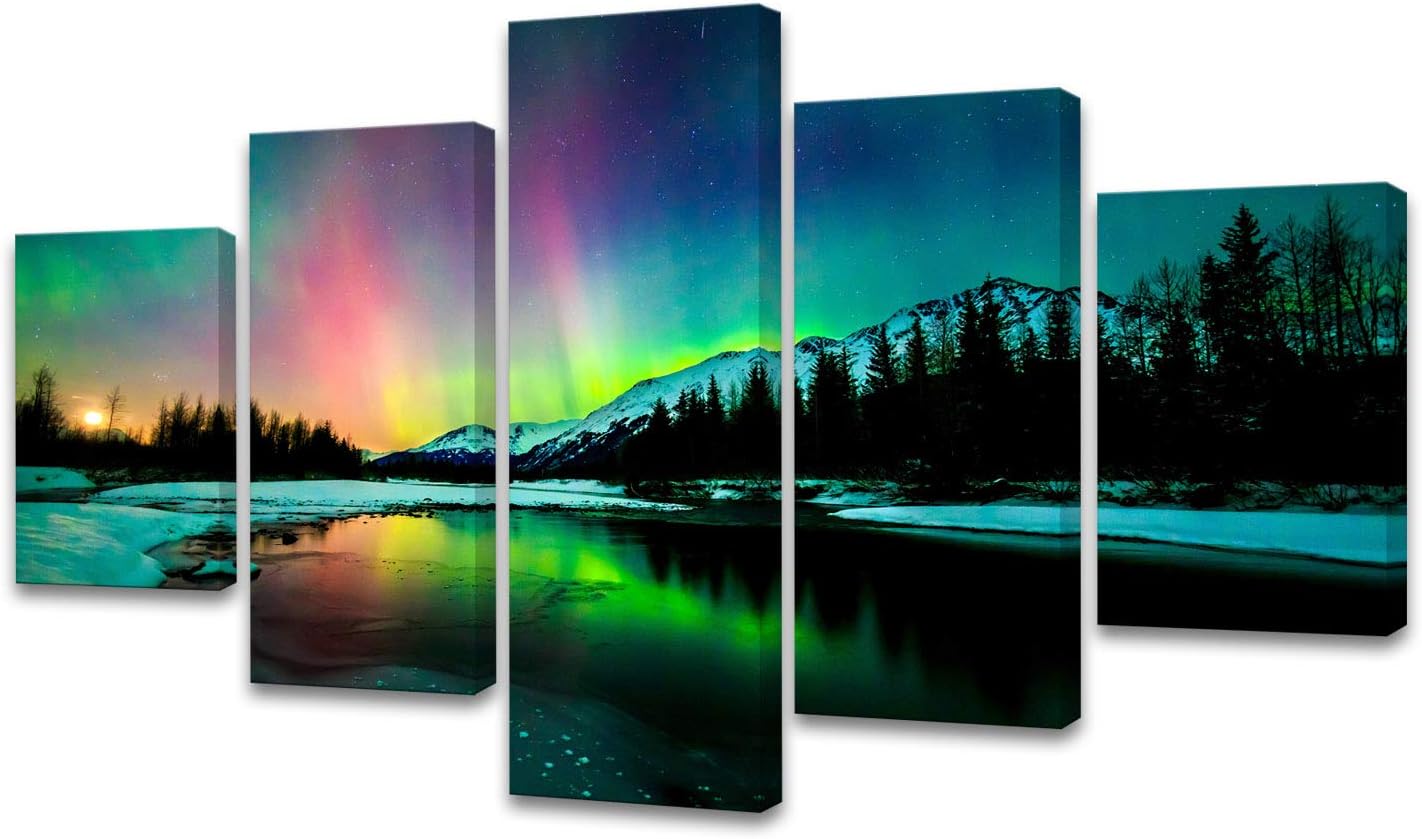 5 Pieces Green Aurora Borealis Scenery Canvas Prints Ready to Hang F1926