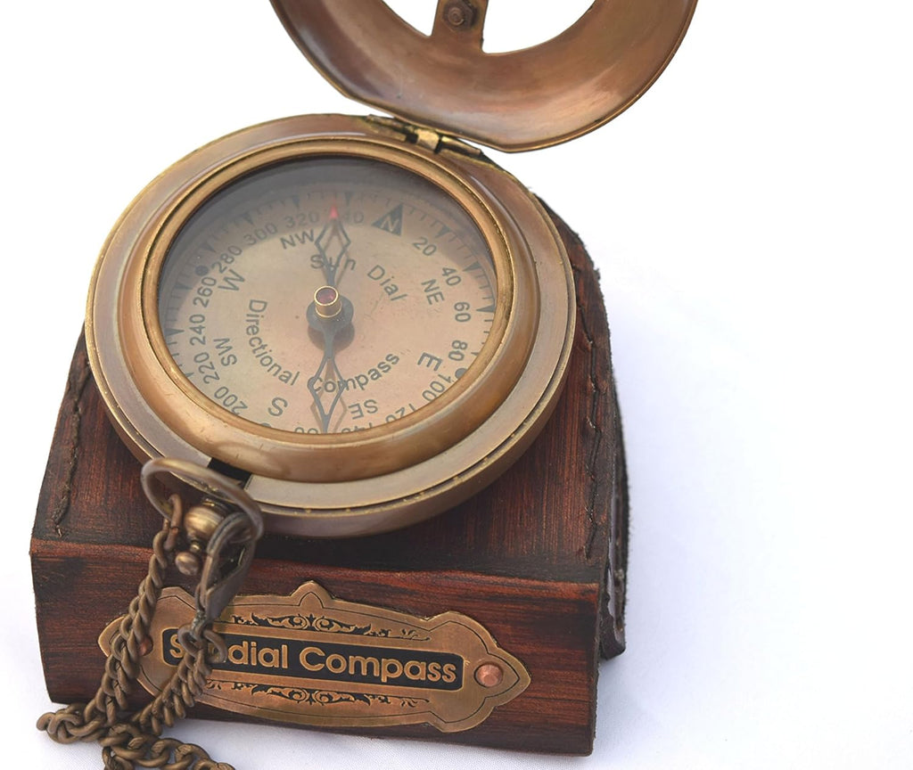Brass Sundial Compass with Leather Case and Chain X6406